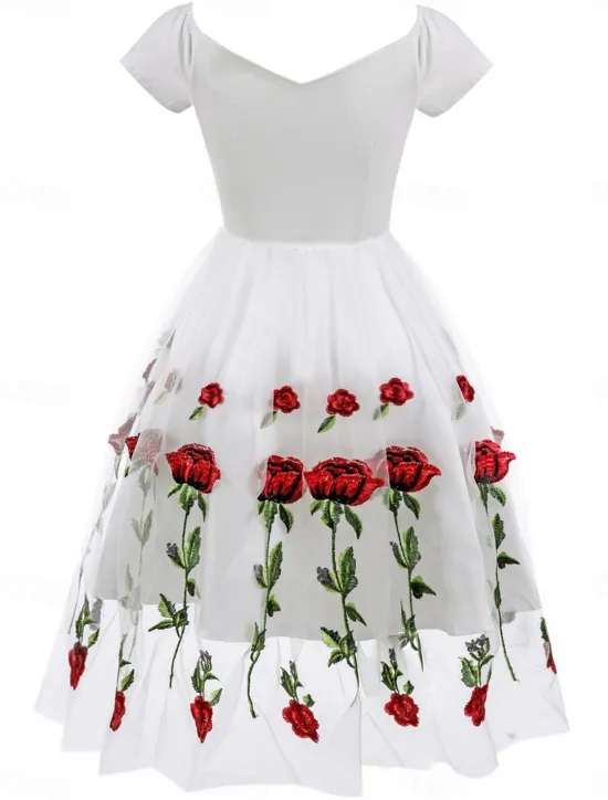 Discount Women's Valentine Lace Dress Vintage Dress Party Dress Mesh Mesh Embroidered Off Shoulder Short Sleeve Floral Midi Dress Wedding Guest Cocktail Party Elegant Vintage Black White Summer Spring Women Cocktail Dress