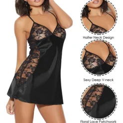 Outlet Women's Valentine Night Dress Sexy Lingerie Satin Lace Babydoll Nightgown Home Casual Soft Spring Summer V Neck Home Outfits Date Night Outfit Women Lingerie