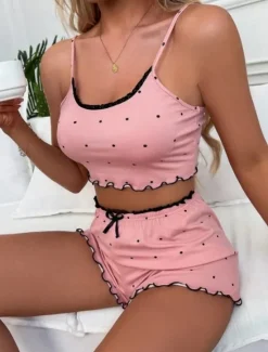 New Women's Valentine Pajama Sets 2 Pieces Dot Print Lettuce Trim Crop Cami Top with Shorts Pj Sets Pink Gray 3 3XL Sping Summer Home Outfits Women Pajama-Setter