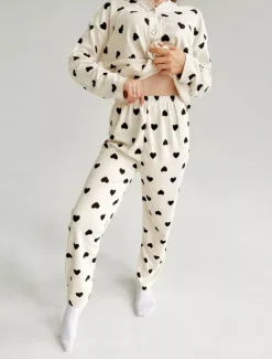 Clearance Women's Valentine Pajama Set Heart Casual Comfort Home Daily Comfort Warm V Neck Long Sleeve Cardigan Pant Button Up Elastic Waist Fall Winter Home Outfits Women Pajama-Setter