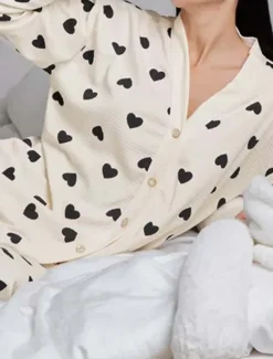 Clearance Women's Valentine Pajama Set Heart Casual Comfort Home Daily Comfort Warm V Neck Long Sleeve Cardigan Pant Button Up Elastic Waist Fall Winter Home Outfits Women Pajama-Setter