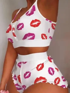 Hot Women's Valentine Pajamas Nighty Pjs Sets 2 Pieces Fruit Lip Hot Soft Sweet Valentine's Day Gyms Crew Neck Crop Top Shorts Summer Spring Home Outfits Women Pajama-Setter