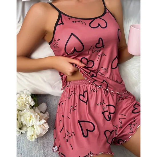 Clearance Women's Valentine Pajamas Sets Heart Fashion Comfort Home Valentine's Day Daily Satin Silk Breathable Straps Sleeveless Strap Top Shorts Backless Elastic Waist Summer Spring Home Outfits Women Pajama-Setter