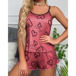 Clearance Women's Valentine Pajamas Sets Heart Fashion Comfort Home Valentine's Day Daily Satin Silk Breathable Straps Sleeveless Strap Top Shorts Backless Elastic Waist Summer Spring Home Outfits Women Pajama-Setter