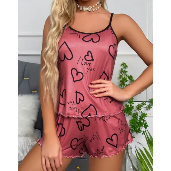 Clearance Women's Valentine Pajamas Sets Heart Fashion Comfort Home Valentine's Day Daily Satin Silk Breathable Straps Sleeveless Strap Top Shorts Backless Elastic Waist Summer Spring Home Outfits Women Pajama-Setter