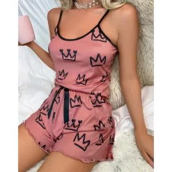 Clearance Women's Valentine Pajamas Sets Heart Fashion Comfort Home Valentine's Day Daily Satin Silk Breathable Straps Sleeveless Strap Top Shorts Backless Elastic Waist Summer Spring Home Outfits Women Pajama-Setter