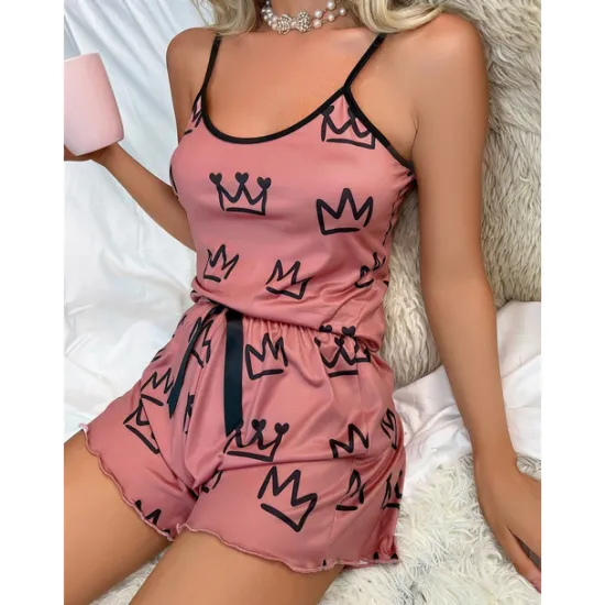 Clearance Women's Valentine Pajamas Sets Heart Fashion Comfort Home Valentine's Day Daily Satin Silk Breathable Straps Sleeveless Strap Top Shorts Backless Elastic Waist Summer Spring Home Outfits Women Pajama-Setter