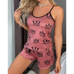Clearance Women's Valentine Pajamas Sets Heart Fashion Comfort Home Valentine's Day Daily Satin Silk Breathable Straps Sleeveless Strap Top Shorts Backless Elastic Waist Summer Spring Home Outfits Women Pajama-Setter