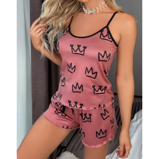 Clearance Women's Valentine Pajamas Sets Heart Fashion Comfort Home Valentine's Day Daily Satin Silk Breathable Straps Sleeveless Strap Top Shorts Backless Elastic Waist Summer Spring Home Outfits Women Pajama-Setter