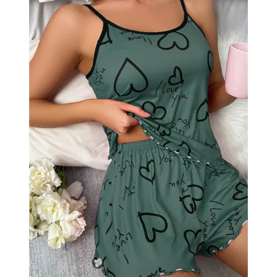 Clearance Women's Valentine Pajamas Sets Heart Fashion Comfort Home Valentine's Day Daily Satin Silk Breathable Straps Sleeveless Strap Top Shorts Backless Elastic Waist Summer Spring Home Outfits Women Pajama-Setter