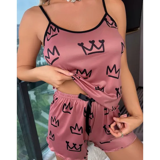 Clearance Women's Valentine Pajamas Sets Heart Fashion Comfort Home Valentine's Day Daily Satin Silk Breathable Straps Sleeveless Strap Top Shorts Backless Elastic Waist Summer Spring Home Outfits Women Pajama-Setter