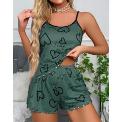Clearance Women's Valentine Pajamas Sets Heart Fashion Comfort Home Valentine's Day Daily Satin Silk Breathable Straps Sleeveless Strap Top Shorts Backless Elastic Waist Summer Spring Home Outfits Women Pajama-Setter