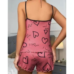 Clearance Women's Valentine Pajamas Sets Heart Fashion Comfort Home Valentine's Day Daily Satin Silk Breathable Straps Sleeveless Strap Top Shorts Backless Elastic Waist Summer Spring Home Outfits Women Pajama-Setter