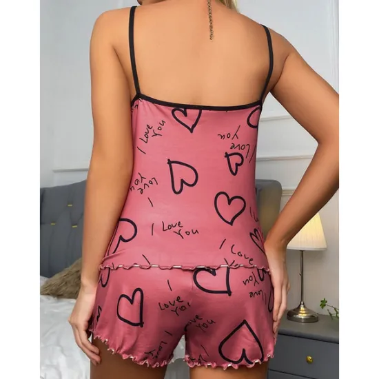 Clearance Women's Valentine Pajamas Sets Heart Fashion Comfort Home Valentine's Day Daily Satin Silk Breathable Straps Sleeveless Strap Top Shorts Backless Elastic Waist Summer Spring Home Outfits Women Pajama-Setter