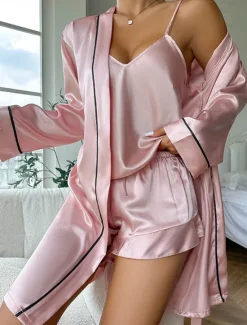 Women's Valentine Pajamas Robe Bathrobe Sets 3 Pieces Pure Color Fashion Casual Comfort Home Daily Bed Satin Silk Breathable V Wire Long Sleeve Shorts Elastic Waist Summer Spring Home Outfits Women Pajama-Setter