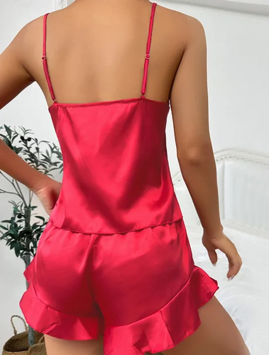 Women's Valentine Pajamas Robe Bathrobe Sets 3 Pieces Pure Color Fashion Casual Comfort Home Daily Bed Satin Silk Breathable V Wire Long Sleeve Shorts Elastic Waist Summer Spring Home Outfits Women Pajama-Setter
