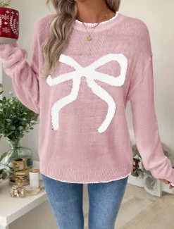 Sale Women's Valentine Pink Sweater Casual Soft Graphic Ribbed Crew Neck Knitted Long Sleeve Regular Tops Knit Outdoor Daily Weekend Black White Fall Winter Women Pullovers & Tops