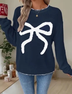 Sale Women's Valentine Pink Sweater Casual Soft Graphic Ribbed Crew Neck Knitted Long Sleeve Regular Tops Knit Outdoor Daily Weekend Black White Fall Winter Women Pullovers & Tops