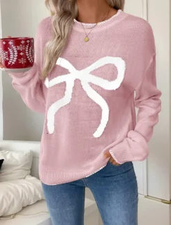 Sale Women's Valentine Pink Sweater Casual Soft Graphic Ribbed Crew Neck Knitted Long Sleeve Regular Tops Knit Outdoor Daily Weekend Black White Fall Winter Women Pullovers & Tops