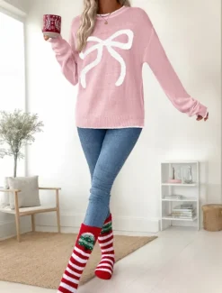 Sale Women's Valentine Pink Sweater Casual Soft Graphic Ribbed Crew Neck Knitted Long Sleeve Regular Tops Knit Outdoor Daily Weekend Black White Fall Winter Women Pullovers & Tops