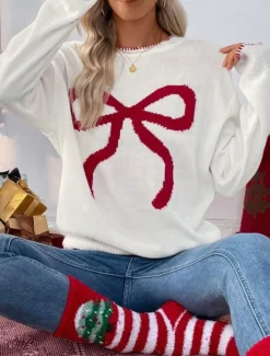 Sale Women's Valentine Pink Sweater Casual Soft Graphic Ribbed Crew Neck Knitted Long Sleeve Regular Tops Knit Outdoor Daily Weekend Black White Fall Winter Women Pullovers & Tops