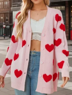 Discount Women's Valentine Pink Sweater Cardigan Casual Soft Heart Ribbed V Neck Buttons Knitted Long Sleeve Regular Tops Knit Outdoor Daily Weekend Black White Fall Winter Women Cardigans & Outerwears