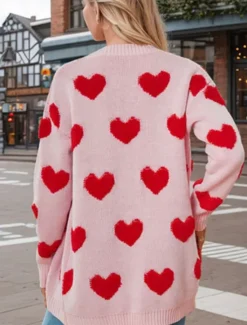 Discount Women's Valentine Pink Sweater Cardigan Casual Soft Heart Ribbed V Neck Buttons Knitted Long Sleeve Regular Tops Knit Outdoor Daily Weekend Black White Fall Winter Women Cardigans & Outerwears