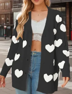 Discount Women's Valentine Pink Sweater Cardigan Casual Soft Heart Ribbed V Neck Buttons Knitted Long Sleeve Regular Tops Knit Outdoor Daily Weekend Black White Fall Winter Women Cardigans & Outerwears