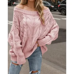 Online Women's Valentine Pink Sweater Pullover Elegant Pure Color Off Shoulder Knitted Long Sleeve Regular Tops Knit Fashion Streetwear Outdoor Daily Weekend Black Pink Fall Winter Women Pullovers & Tops