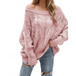 Online Women's Valentine Pink Sweater Pullover Elegant Pure Color Off Shoulder Knitted Long Sleeve Regular Tops Knit Fashion Streetwear Outdoor Daily Weekend Black Pink Fall Winter Women Pullovers & Tops