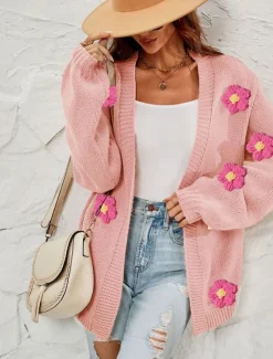 Sale Women's Valentine Pink Sweater Cardigan Elegant Off Shoulder Knitted Petal Sleeve Long Sleeve Regular Tops Knit Outdoor Daily Weekend Fashion Streetwear Black White Fall Winter Women Cardigans & Outerwears