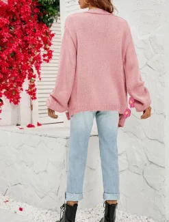 Sale Women's Valentine Pink Sweater Cardigan Elegant Off Shoulder Knitted Petal Sleeve Long Sleeve Regular Tops Knit Outdoor Daily Weekend Fashion Streetwear Black White Fall Winter Women Cardigans & Outerwears