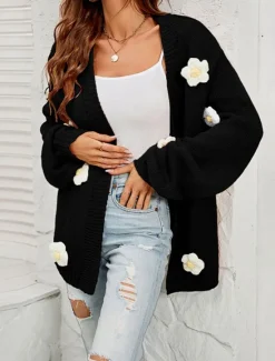 Sale Women's Valentine Pink Sweater Cardigan Elegant Off Shoulder Knitted Petal Sleeve Long Sleeve Regular Tops Knit Outdoor Daily Weekend Fashion Streetwear Black White Fall Winter Women Cardigans & Outerwears