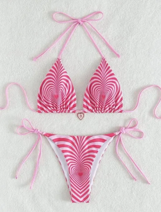 Discount Women's Valentine Swimwear Bikini 2 Piece Thong Swimsuit Backless Slim Vacation Beach Wear Graphic Halter Neck Sleeveless Bathing Suits Women Bikinis