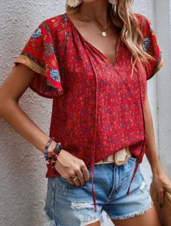 Online Women's Valentine Shirt Blouse Bohemia Retro Vintage Floral Regular Tops Short Sleeve V Neck Print Regular Fit Daily Casual Red Beige Summer Spring Fall Women Blouses & Shirts
