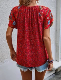 Online Women's Valentine Shirt Blouse Bohemia Retro Vintage Floral Regular Tops Short Sleeve V Neck Print Regular Fit Daily Casual Red Beige Summer Spring Fall Women Blouses & Shirts