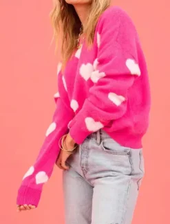 Women's Valentine Sweater Casual Soft Heart Graphic Ribbed Crew Neck Knitted Long Sleeve Regular Tops Knit Outdoor Daily Weekend Fall Winter Women Pullovers & Tops