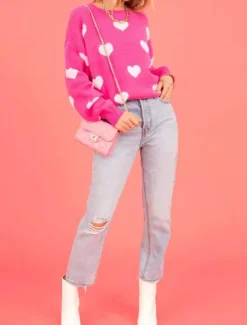 Women's Valentine Sweater Casual Soft Heart Graphic Ribbed Crew Neck Knitted Long Sleeve Regular Tops Knit Outdoor Daily Weekend Fall Winter Women Pullovers & Tops