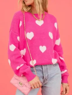 Women's Valentine Sweater Casual Soft Heart Graphic Ribbed Crew Neck Knitted Long Sleeve Regular Tops Knit Outdoor Daily Weekend Fall Winter Women Pullovers & Tops