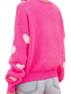 Women's Valentine Sweater Casual Soft Heart Graphic Ribbed Crew Neck Knitted Long Sleeve Regular Tops Knit Outdoor Daily Weekend Fall Winter Women Pullovers & Tops