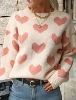 Best Women's Valentine Sweater Casual Soft Heart Ribbed Crew Neck Knitted Long Sleeve Regular Tops Knit Outdoor Daily Weekend Fall Winter Women Pullovers & Tops