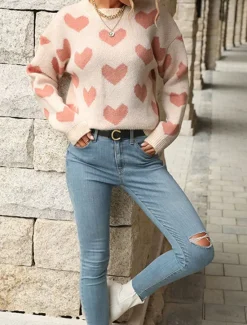 Best Women's Valentine Sweater Casual Soft Heart Ribbed Crew Neck Knitted Long Sleeve Regular Tops Knit Outdoor Daily Weekend Fall Winter Women Pullovers & Tops