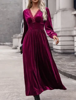 Clearance Women's Velvet Dress Maxi Dress Lace Patchwork Casual V Neck Long Sleeve Color Women Cocktail Dress