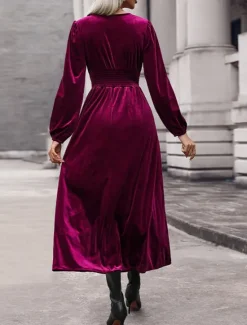 Clearance Women's Velvet Dress Maxi Dress Lace Patchwork Casual V Neck Long Sleeve Color Women Cocktail Dress