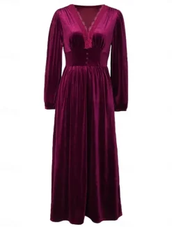 Clearance Women's Velvet Dress Maxi Dress Lace Patchwork Casual V Neck Long Sleeve Color Women Cocktail Dress