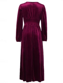 Clearance Women's Velvet Dress Maxi Dress Lace Patchwork Casual V Neck Long Sleeve Color Women Cocktail Dress