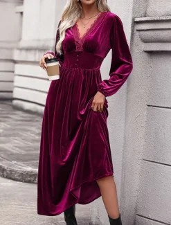 Clearance Women's Velvet Dress Maxi Dress Lace Patchwork Casual V Neck Long Sleeve Color Women Cocktail Dress