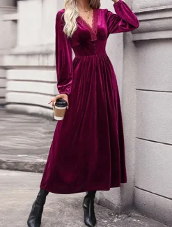Clearance Women's Velvet Dress Maxi Dress Lace Patchwork Casual V Neck Long Sleeve Color Women Cocktail Dress