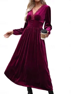 Clearance Women's Velvet Dress Maxi Dress Lace Patchwork Casual V Neck Long Sleeve Color Women Cocktail Dress