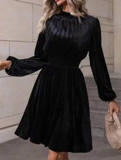 Sale Women's Velvet Dress Mini Dress Ruched Casual Turtleneck Long Sleeve Black Wine Green Color Women Cocktail Dress